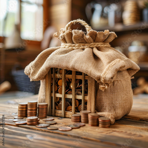 A burlap money sack full of coins is caged, symbolizing financial savings or investment concept photo