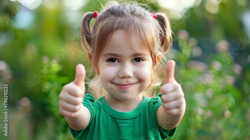 A little girl in a green shirt gives a thumbs up