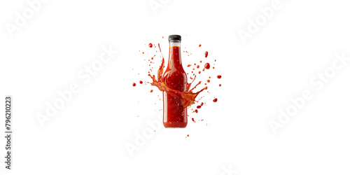 A ketchup bottle flying through the air with splashes of tomato sauce on a white background
