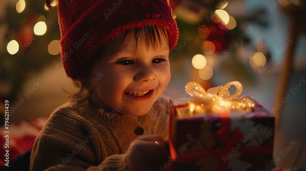   child's face lighting up with joy as they open their presents on Christmas morning. 