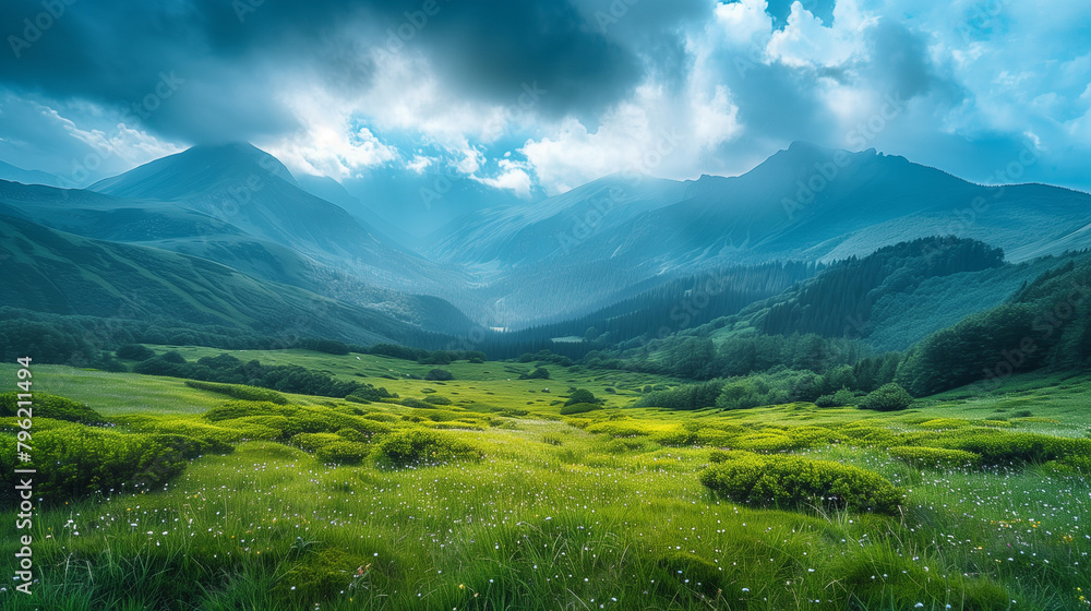 Serene mountain landscape with meadows and mist.	