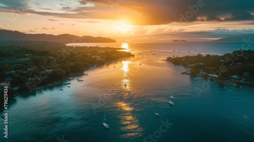 Aerial view of a coastal town as the sun emerges from the horizon, casting a golden reflection on the calm waters below, signaling the start of a new day's adventures.