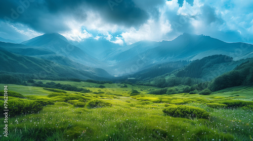 Serene mountain landscape with meadows and mist. 