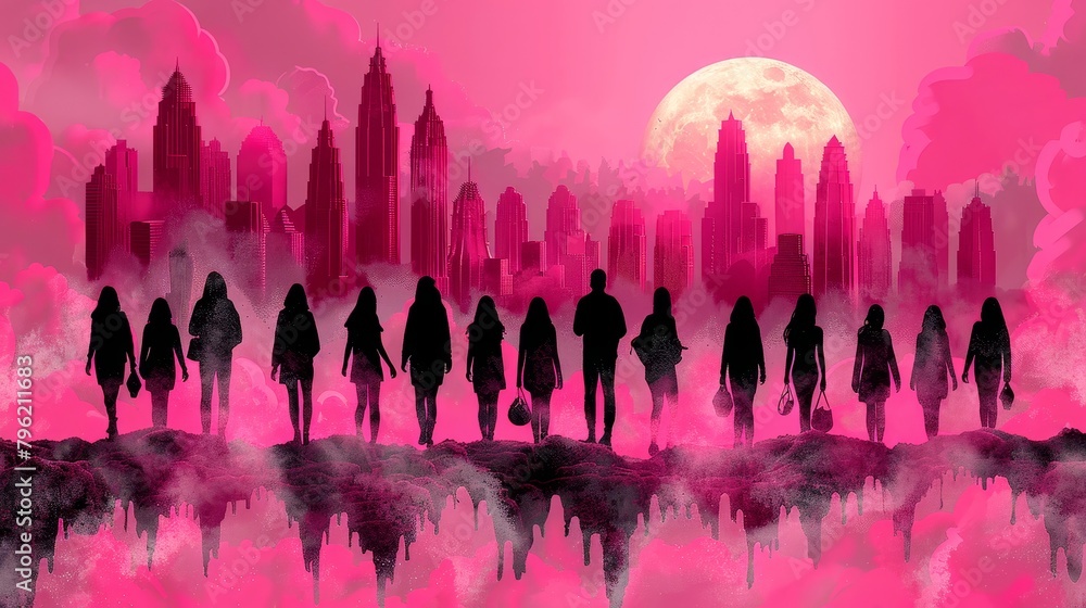 A group of people walking towards a city in the distance. The sky is pink and there is a full moon.