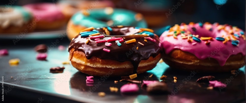 Donuts in multi-colored glaze on a bright background. A work of art from a pastry genius! Donuts in multi-colored glaze on a bright background. A work of art from a pastry genius!