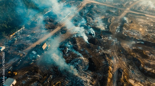 Aerial view of a landfill site emitting noxious fumes into the atmosphere, exacerbating air pollution photo