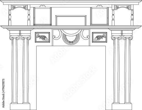 vector illustration, sketch design, architectural drawing of a classic vintage modern minimalist gate building with minimal detail