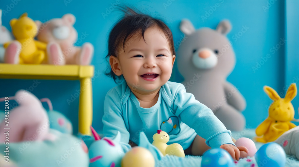 Obraz premium Smiling baby sitting on the floor next to teddy bear and other toys. Generative AI