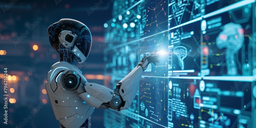 White humanoid robot touching with hand and using digital technology interface with 3D data display. White humanoid robot touching with hand and using digital technology interface with 3D data display.