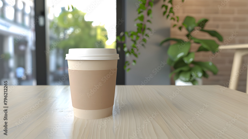 A neatly placed takeaway coffee cup sits on a light wooden table in a bright café corner, framed by lush greenery and soft daylight, ideal for a tranquil morning break. Mockup