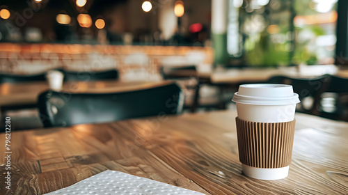 This inviting scene captures a cardboard coffee cup on a rustic wooden table inside a bustling urban café, evoking a relaxed, contemporary urban coffee culture vibe. Mock up photo