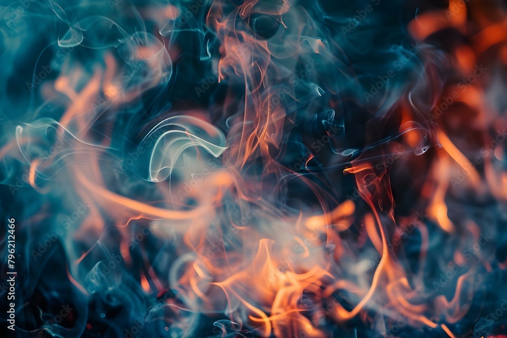 Fototapeta premium Detailed closeup image of flames and smoke from a fire. Concept Closeup Flames, Fire Details, Smoke Texture, Heat Patterns, Burning Embers