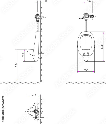 vector illustration design sketch drawing of monoblock urinal for urination with detailed size scale