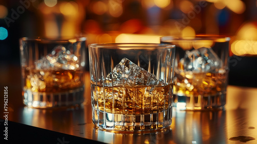 Whiskey alcohol drink bar ice liquid table glass  AI Generative.