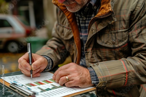A man in a brown jacket is writing something on a paper with a pen