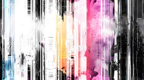 colorful abstract design with a glitch effect, featuring vertical lines in shades of pink, blue, and orange on a contrasting black and white background, perfect for creative digital projects.