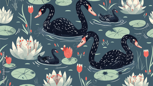 Seamless pattern with black swans and brood of cygnet photo