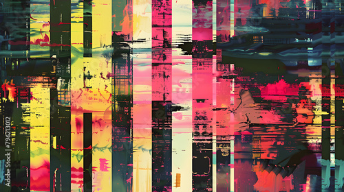 abstract design with a glitch effect, composed of vertical and horizontal stripes in a palette of greens, pinks, and yellows, perfect for contemporary digital artworks and creative projects.