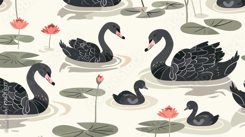 Seamless pattern with black swans and brood of cygnet