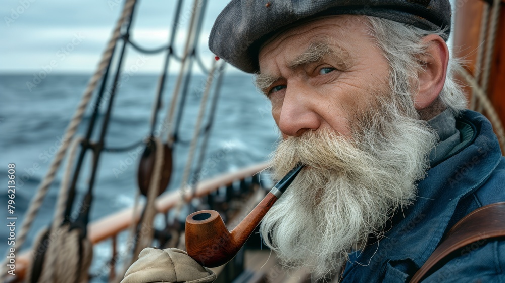 Close-up portrait of an elderly sailor with a white beard smoking a pipe on a ship. Close-up portrait of an elderly sailor with a white beard smoking a pipe on a ship.
