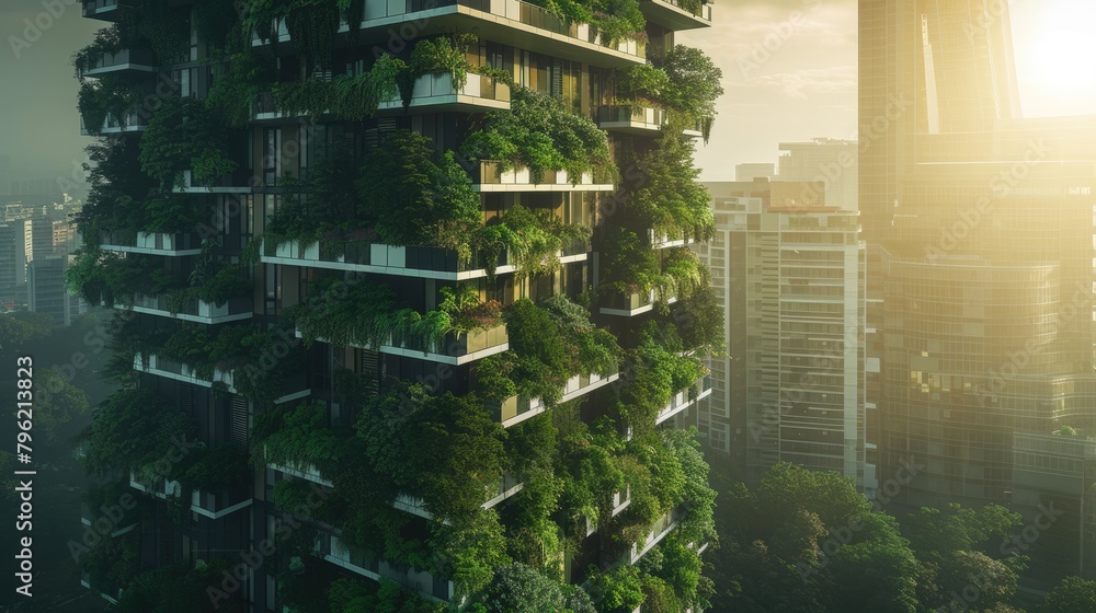 The building's facade is adorned with plants and trees, creating a lush landscape visible from above. AIG41
