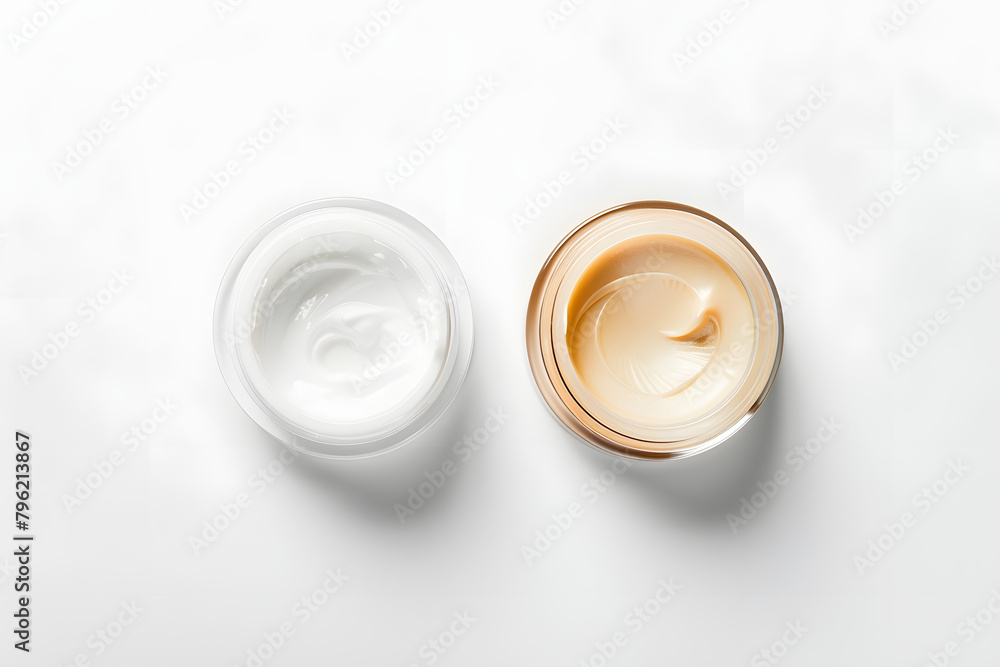 This elegant image showcases two open jars of skincare creams—one clear and one tinted—on a pristine white background. The simplicity of the composition emphasizes the purity and quality of the skinca This elegant image showcases two open jars of skincare creams—one clear and one tinted—on a pristine white background. The simplicity of the composition emphasizes the purity and quality of the skinca