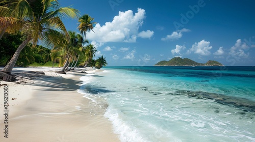 Tropical paradise with palm-fringed shore on an island in the Caribbean.