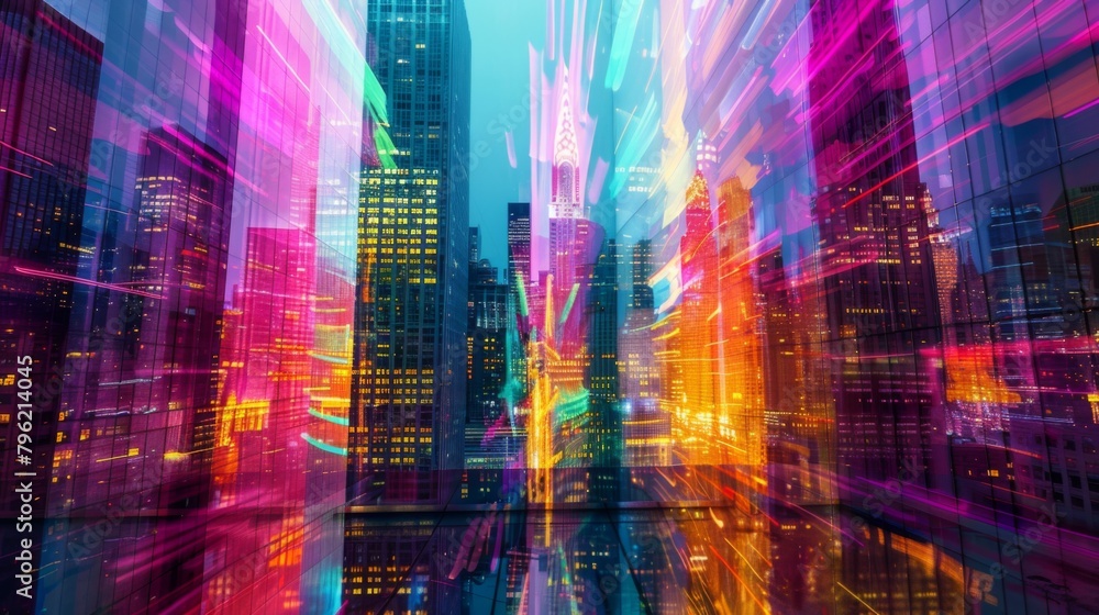 An abstract view of a high-rise building illuminated by colorful lights, with reflections dancing across its mirrored facade, creating a mesmerizing visual symphony. An abstract view of a high-rise building illuminated by colorful lights, with reflections dancing across its mirrored facade, creating a mesmerizing visual symphony.