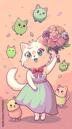 fluffy white cat in wedding dress,fluffy white cat, fluffy cat, cat, wedding, smiling, congratulation, vector, cartoon, bouquet