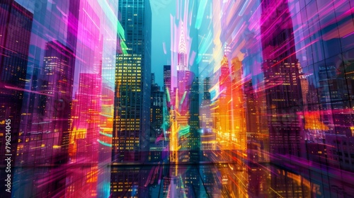 An abstract view of a high-rise building illuminated by colorful lights, with reflections dancing across its mirrored facade, creating a mesmerizing visual symphony.