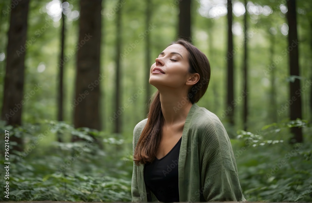 Relaxed woman breathing fresh air in a green forest Relaxed woman breathing fresh air in a green forest