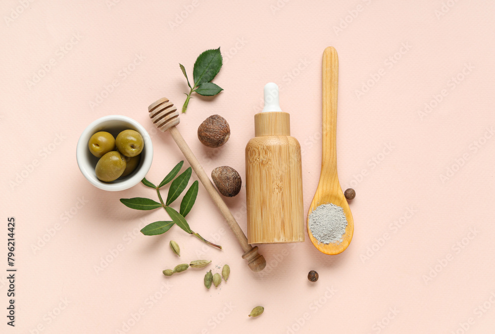 Bottle of cosmetic product and cosmetic clay on beige background Bottle of cosmetic product and cosmetic clay on beige background