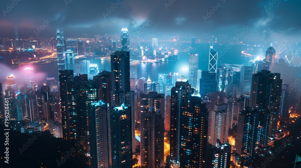 An aerial shot of a city skyline at night, ablaze with the lights of towering skyscrapers