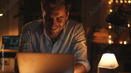 Smiling man working on laptop in a cozy home office with warm lighting at night.
