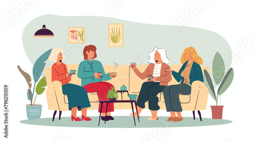 Senior female friends drinking tea on sofa at home Vector
