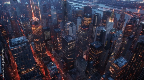 An aerial view of a cityscape at twilight, with tall buildings illuminated by a myriad of lights, painting a breathtaking picture of urban grandeur and sophistication.