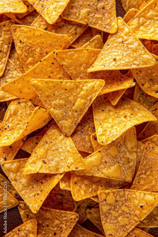 A stack of triangular yellow tortilla chips placed on top of a table A stack of triangular yellow tortilla chips placed on top of a table