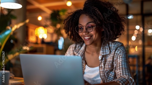 Young African American woman smiling while working on a laptop in a cozy evening setting.