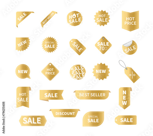 Sale labels gold on white background. Set sale tags. Ribbon sale banners. Vector illustration