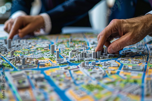 Urban property investment strategy  businessmen over a city map  marking potential for growth  capital  and profit in real estate