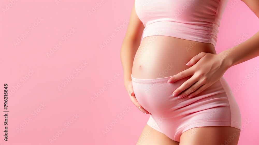 Close-up of a pregnant woman's belly against a pink background, highlighting maternity and wellness. Close-up of a pregnant woman's belly against a pink background, highlighting maternity and wellness.