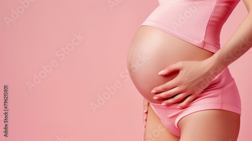 Wallpaper Mural Close-up of a pregnant woman in pink clothing holding her belly against a pink background. Torontodigital.ca