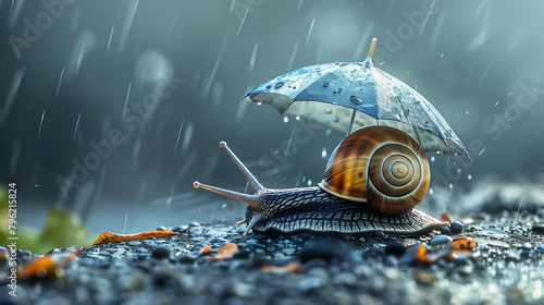 un escargot avec un parapluie car il pleut vraiment trop ! photo