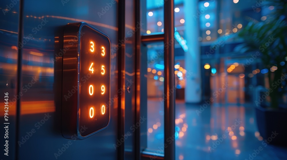 Modern access keypad glows with secure entry on a blurred office door