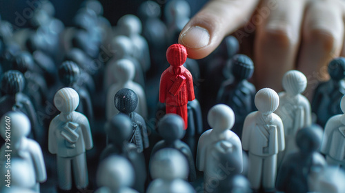 Selecting a leader amid white icons, the red icon stands out. HR points to the standout shirted figure, symbolizing exceptional leadership qualities, guiding the team forward effectively.