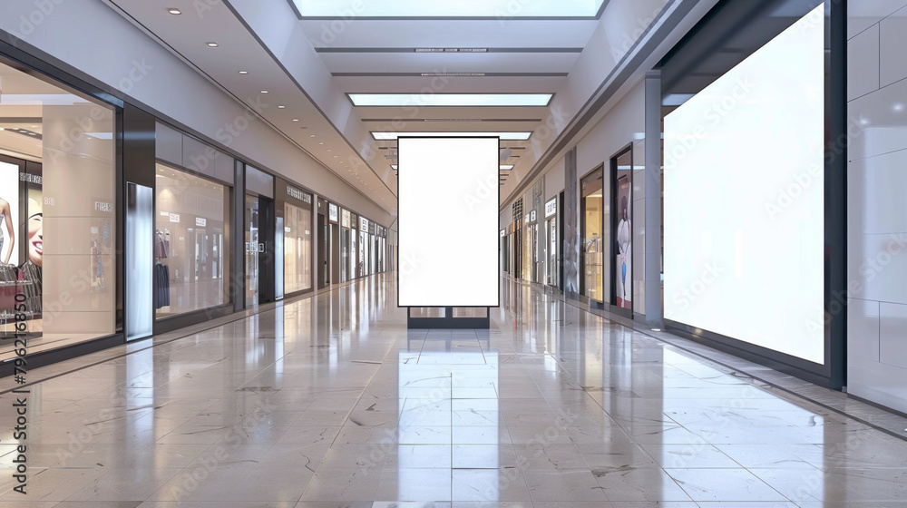 A large empty mall with a white sign in the middle