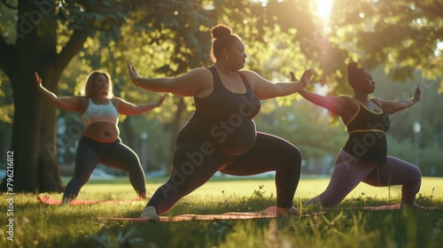 Group of diverse women performing yoga in a park at sunset, promoting wellness and body positivity.