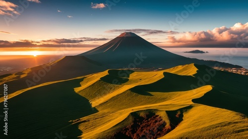 Azores, Faial island - Aerial view from drone to green volcano Caldeira at sunrise, Portugal, Alienscape landscape, photo