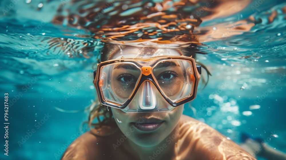 Close-up of a young woman submerged in water, wearing an orange diving mask.