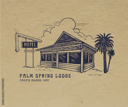 Vintage summer Motel vacation graphics for posters t shirts and stickers, Palm Springs Retro vintage graphic print design, tropical island travel